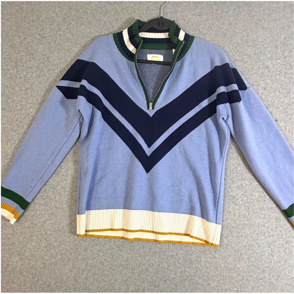 Maeve Anthropologie Sweater Womens Medium 1/4 Zip Chevron Stripe Blue Green M